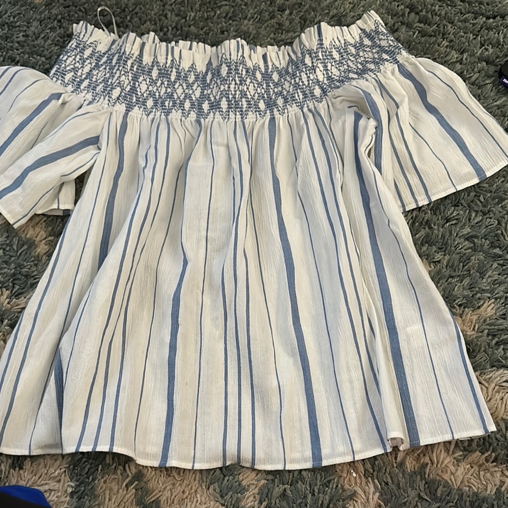 Smocked Blue and White Short Sleeve Blouse